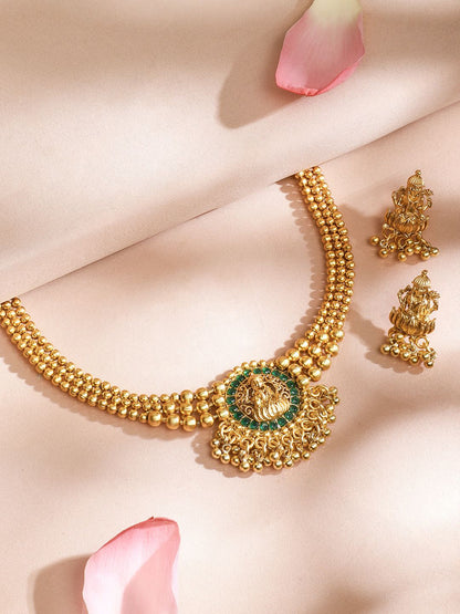 Dhiyona RJ Women's 22K Gold Plated Emerald Studed Gold Beaded Goddess Laxmi Motif Temple Jewellery Set