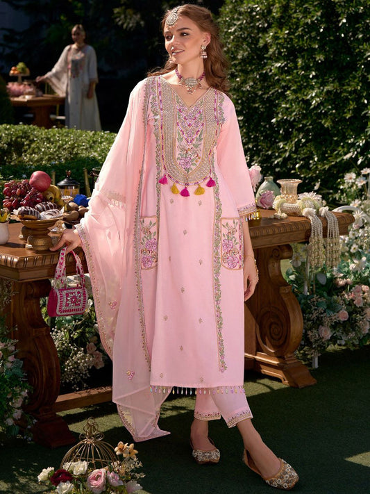 Dhiyona IE Women Floral Embroidered Regular Kurta with Trousers & With Dupatta