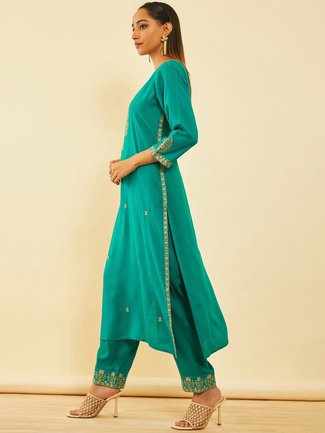 Dhiyona SO Women's Ethnic Motifs Embroidered Regular Mirror Work Kurta with Trouser