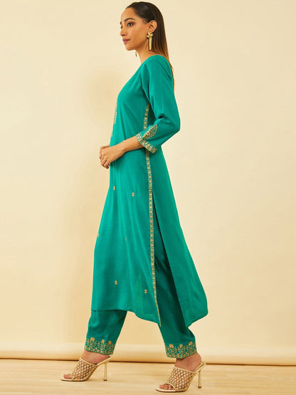 Dhiyona SO Women's Ethnic Motifs Embroidered Regular Mirror Work Kurta with Trouser