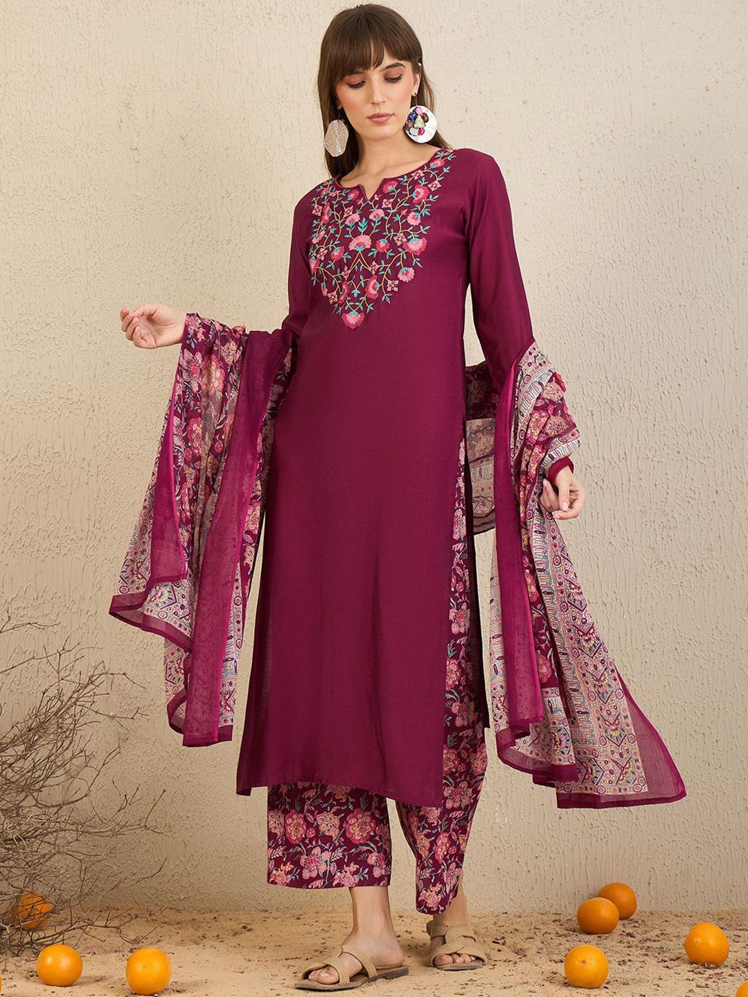 Dhiyona IE Floral Embroidered Notch Neck Thread Work Straight Kurta With Palazzos & Dupatta