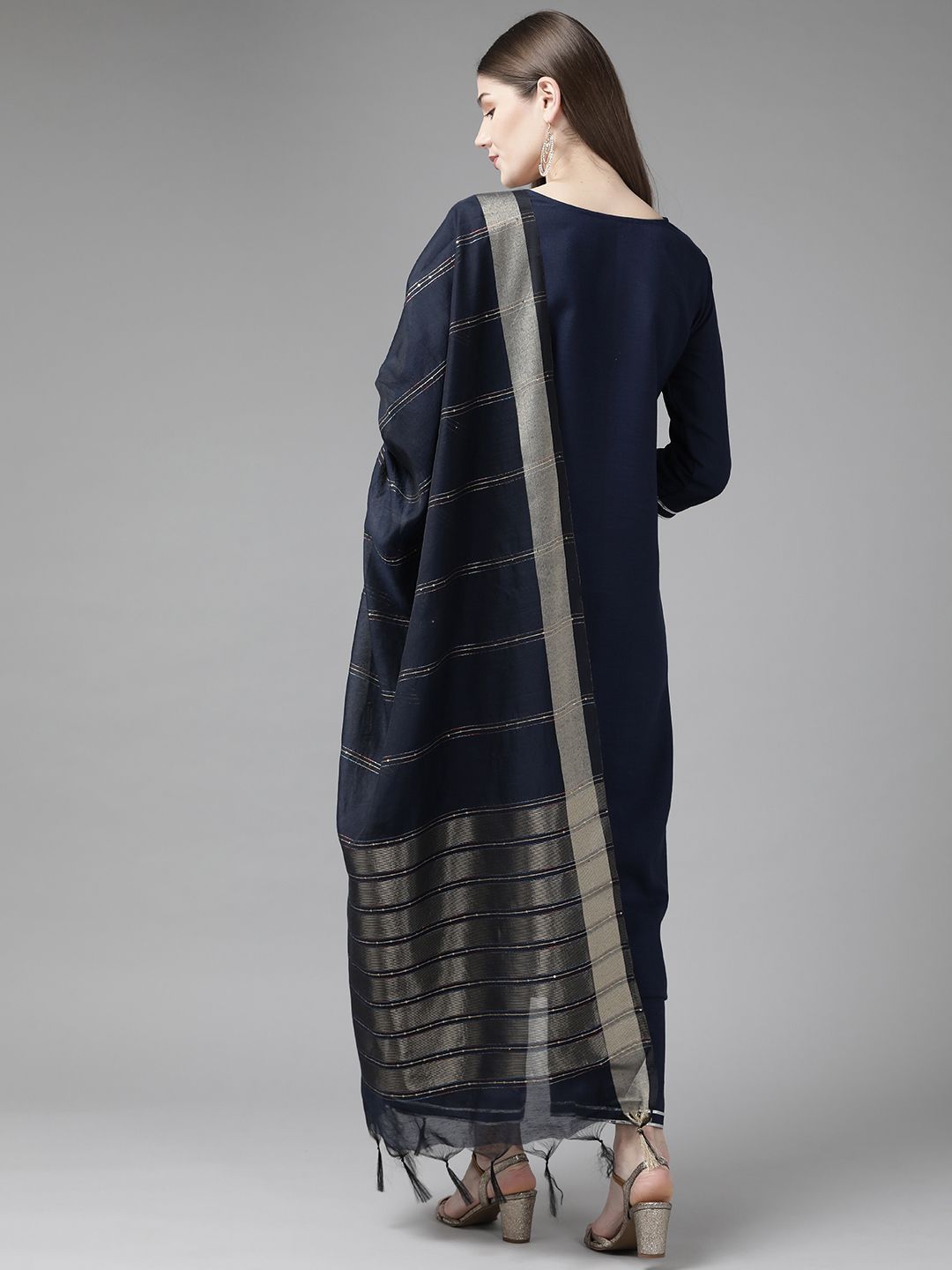 Women Navy Blue Kurta with Palazzos & With Dupatta