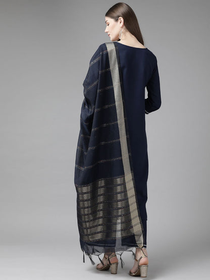 Women Navy Blue Kurta with Palazzos & With Dupatta