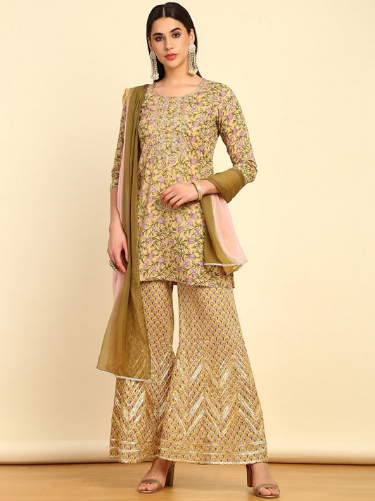 Dhiyona SO Women's Floral Printed Regular Zardozi Pure Cotton Kurti with Sharara & Dupatta