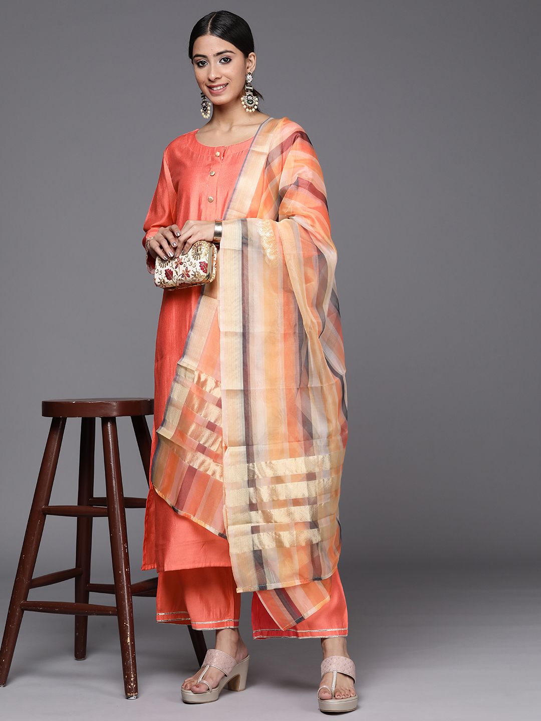 Dhiyona IE Floral Printed Sequinned Pure Cotton Kurta with Palazzos & With Dupatta
