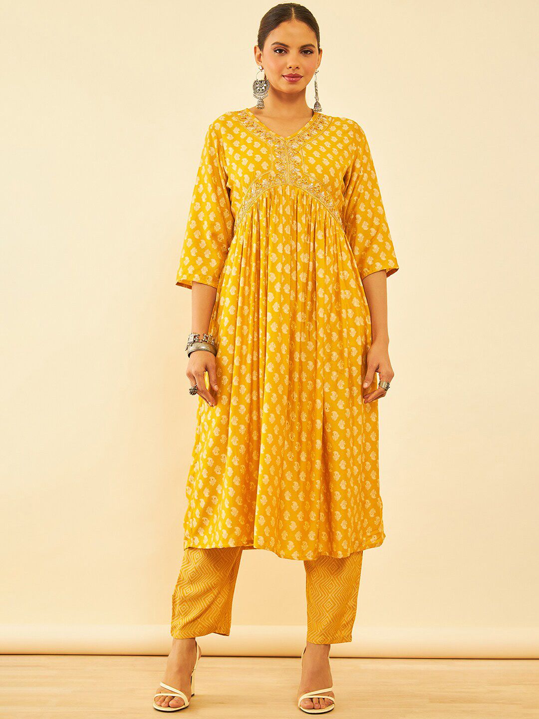 Dhiyona SO Women's Mustard Yellow Floral Printed Sequinned A-Line Kurta with Trousers & Dupatta