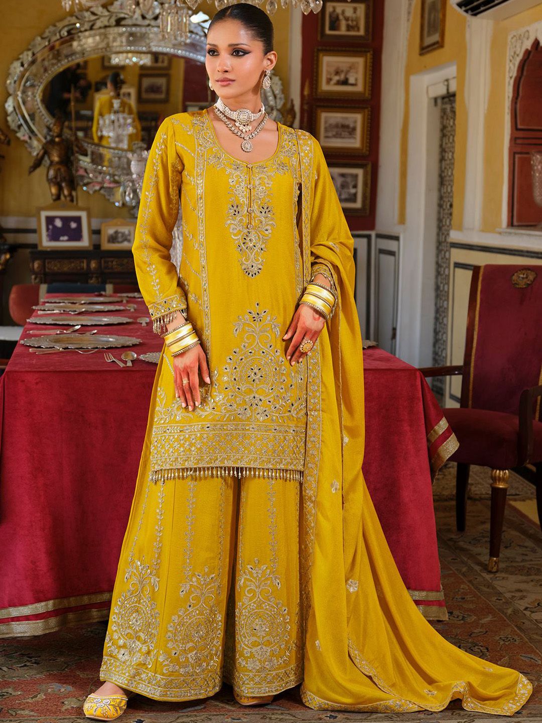 Dhiyona IE Women's Women Ethnic Motifs Embroidered Regular Mirror Work Kurta with Palazzos & Dupatta
