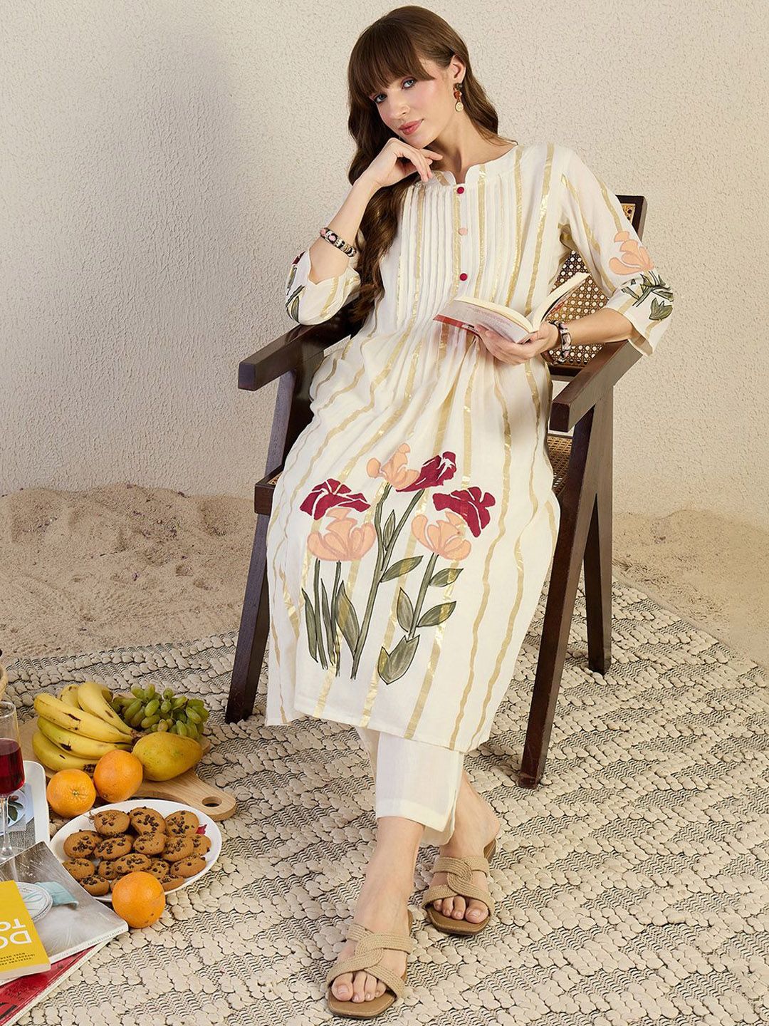 Floral Printed Pure Cotton A-Line Kurta With Trouser