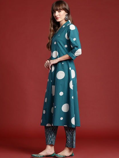 Printed Pleated Pure Cotton Kurta with Trousers