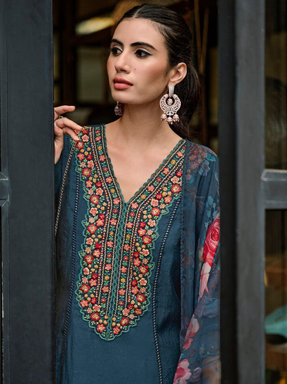 Dhiyona IE Floral Embroidered Panelled Thread Work A-Line Kurta With Trousers & Dupatta