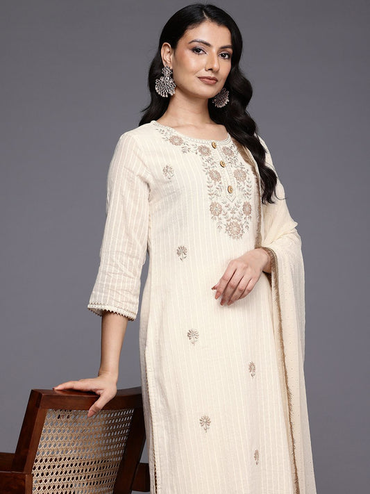Dhiyona VA Women'sFloral Embroidered Zari Kurta With Palazzos & Dupatta