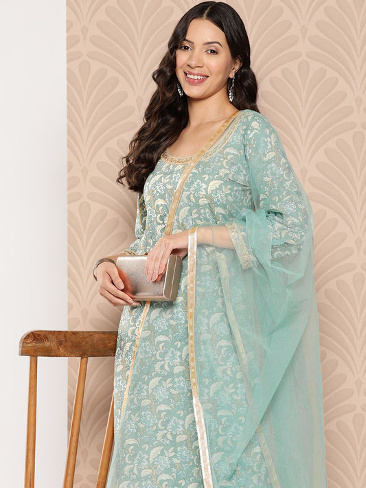 Dhiyona VA Women'sFloral Printed Regular Pure Cotton Kurta with Palazzos & Dupatta