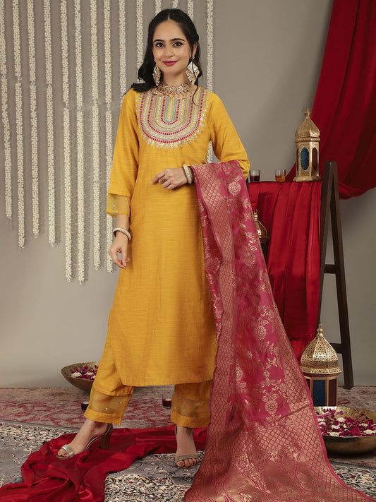 Dhiyona VA Women'sMustard Yellow Ethnic Motifs Embroidered Kurta with Palazzos & With Dupatta