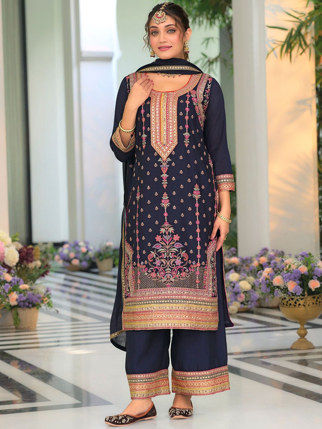 Floral Embroidered Round Neck Sequinned Straight Kurta With Palazzos & Dupatta