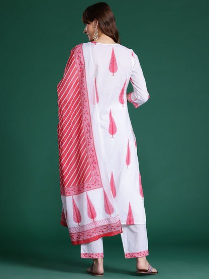 Floral Printed Sequinned Pure Cotton Kurta with Trousers & With Dupatta