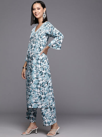 Dhiyona VA Women's Floral Printed Regular Silk Crepe Kurta with Trousers