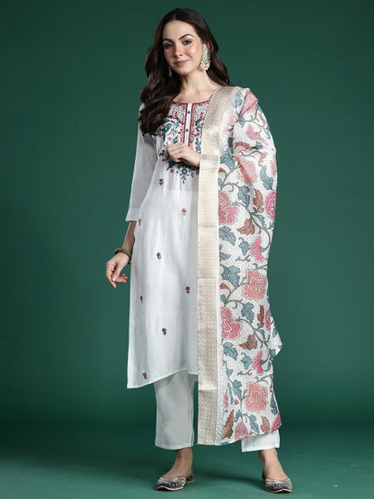 Women Floral Embroidered Thread Work Kurta With Trousers & Dupatta