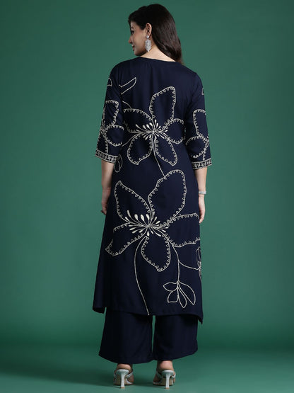 Dhiyona IE Floral Printed Mirror Work Kurta with Trousers