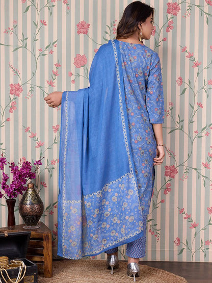 Dhiyona OD  Floral Printed Regular Pure Cotton Kurta with Trousers & Dupatta