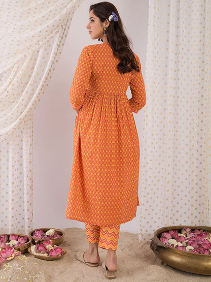 Dhiyona IE Floral Printed Pure Cotton V Neck A-Line Tunic And Trousers