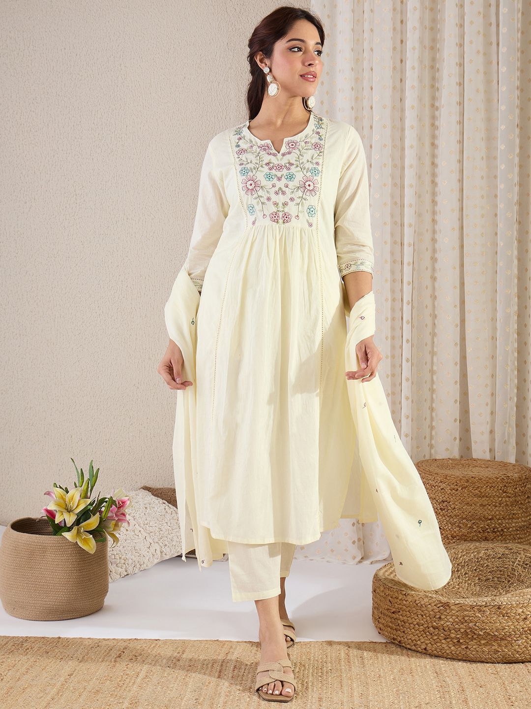 Women Floral Embroidered Cotton Kurta with Trousers & Dupatta