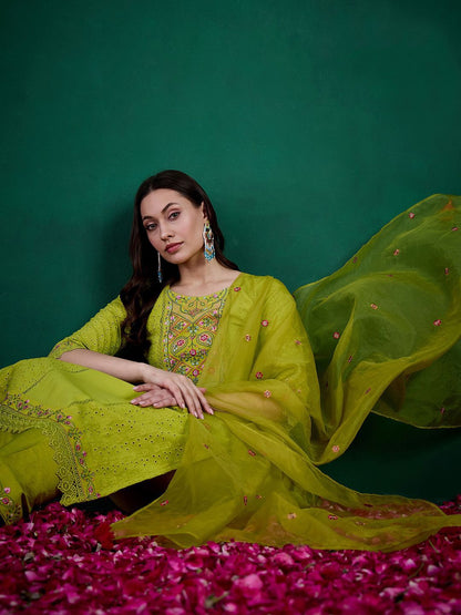 Dhiyona SN Women's Lime Green Floral Embroidered Straight Kurta With Trouser & Dupatta