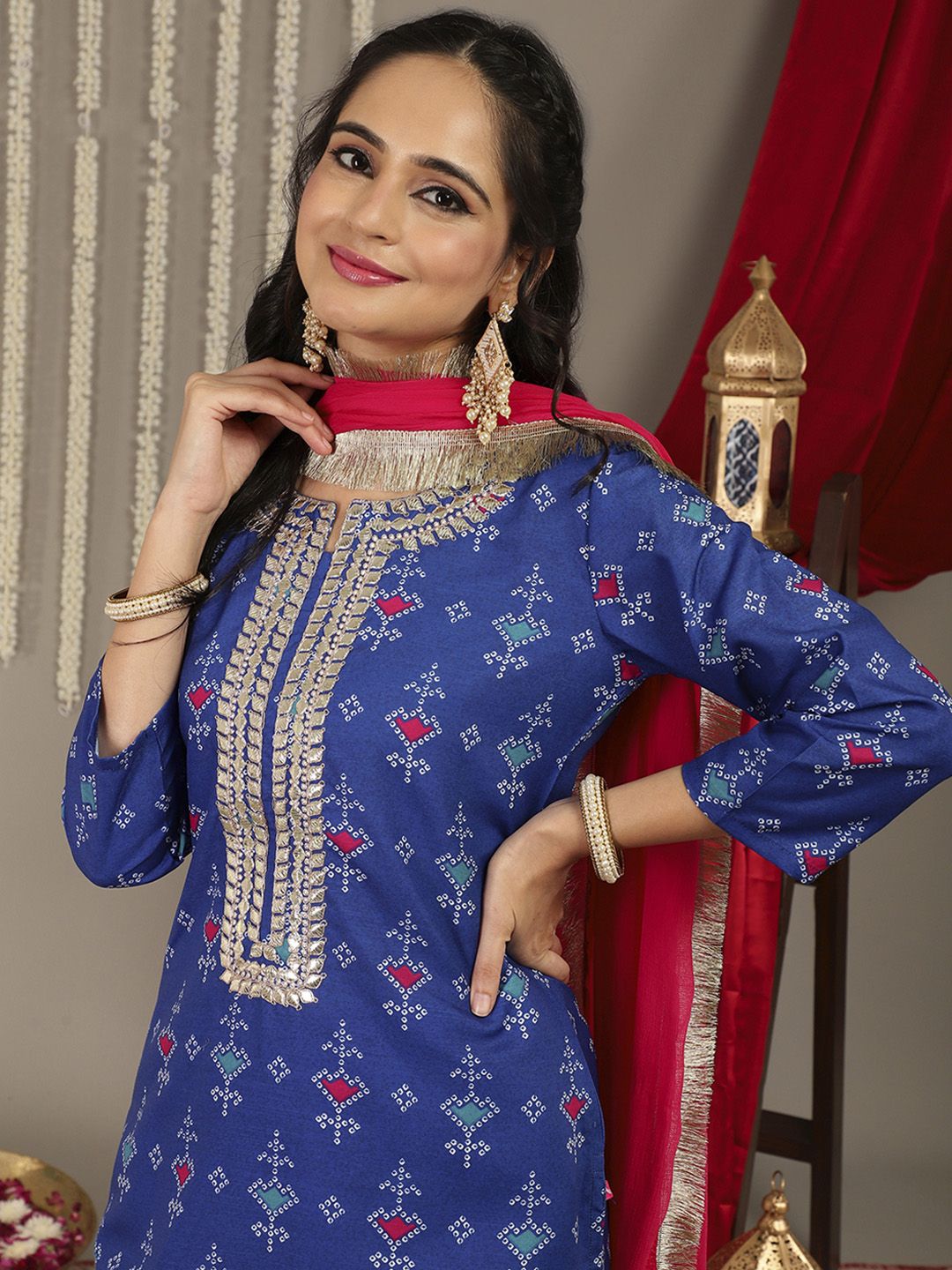 Dhiyona VA Women's Blue Bandhani Printed Gotta Patti Kurta with Trousers & Dupatta