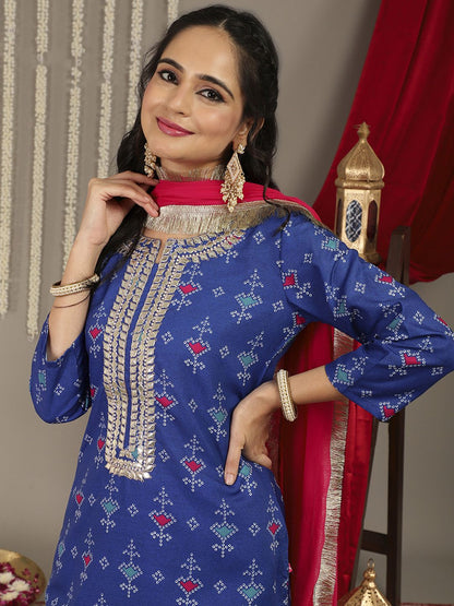 Dhiyona VA Women's Blue Bandhani Printed Gotta Patti Kurta with Trousers & Dupatta