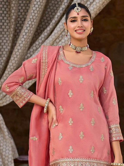 Women Floral Embroidered Kurti with Palazzo & Dupatta