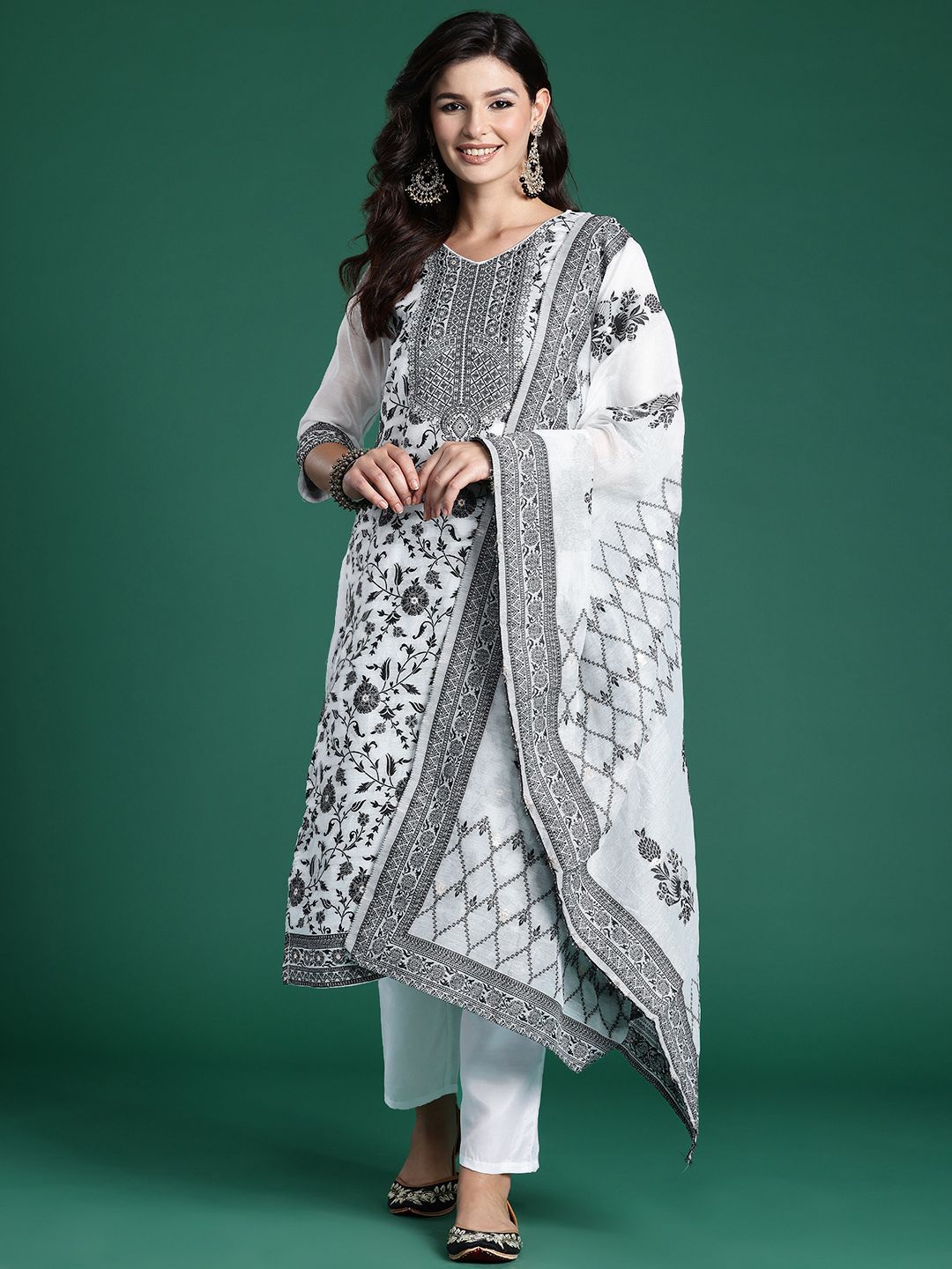 Floral Woven Design Kurta With Trousers & Dupatta