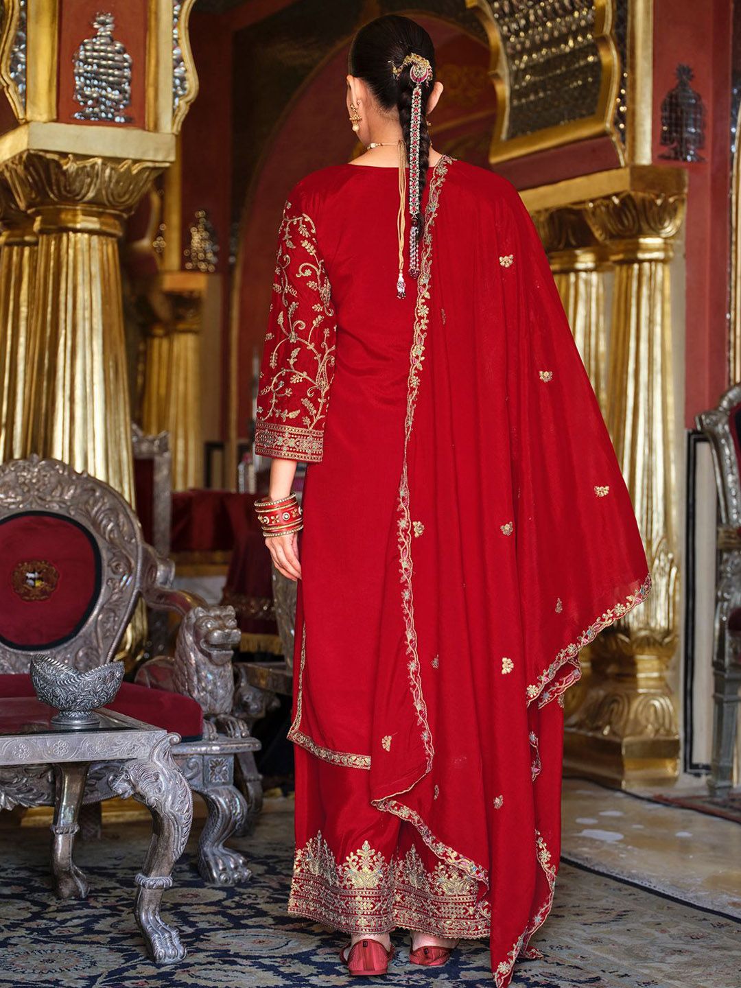 Ethnic Motifs Embroidered Sequinned Kurta with Palazzos & Dupatta