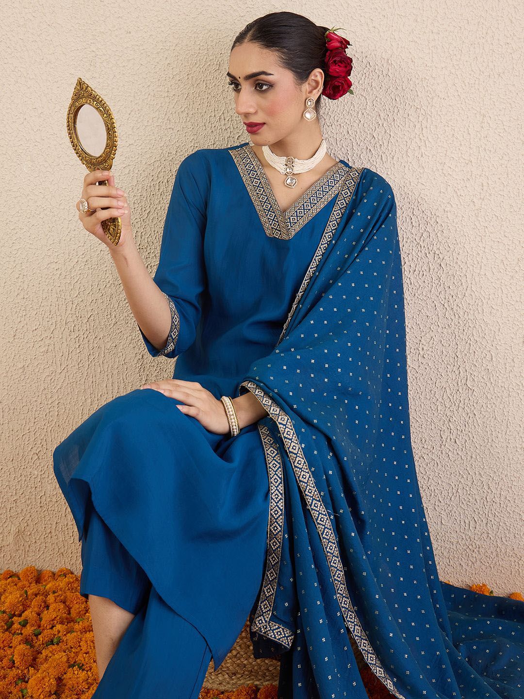 Dhiyona IE Ethnic Motifs Embroidered Regular V-Neck Straight Kurta With Trousers & Dupatta