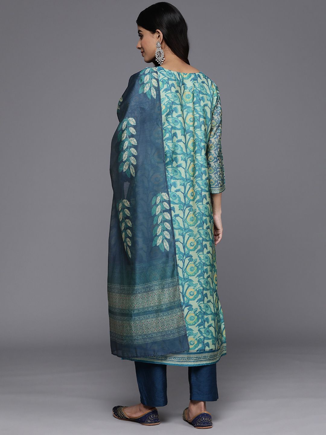 Dhiyona VA Women'sSea Green Floral Printed Hand work Kurta with Trousers & Dupatta