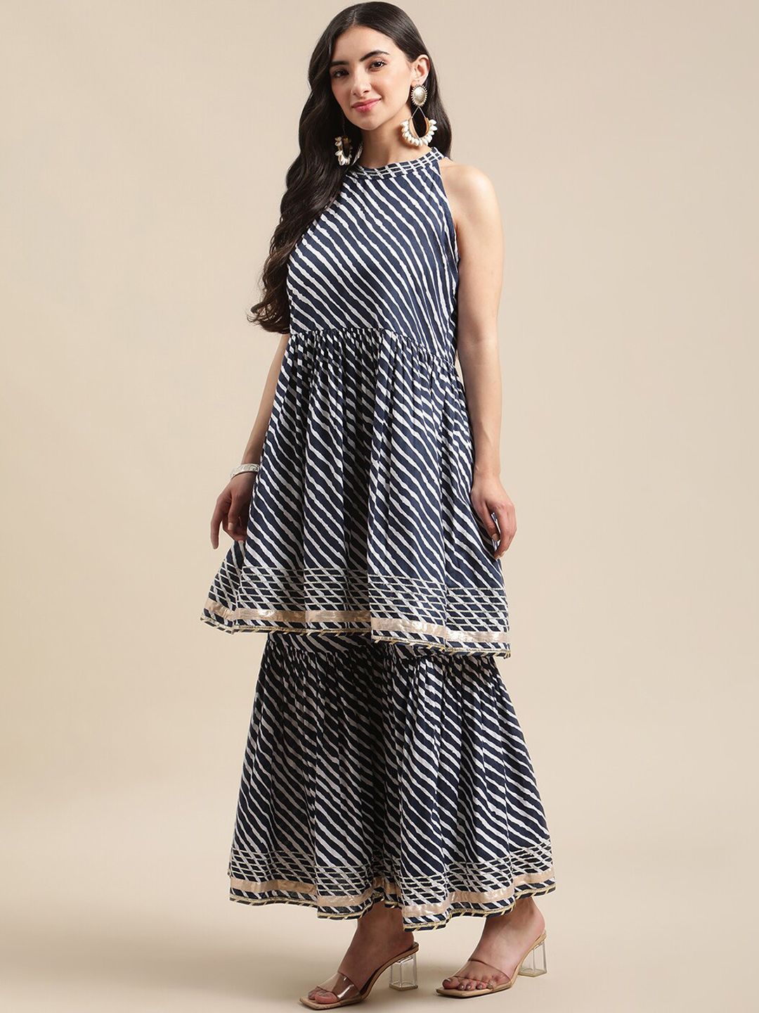 Dhiyona VA Women's Navy Blue Striped Empire Sequinned Kurta with Sharara & With Dupatta