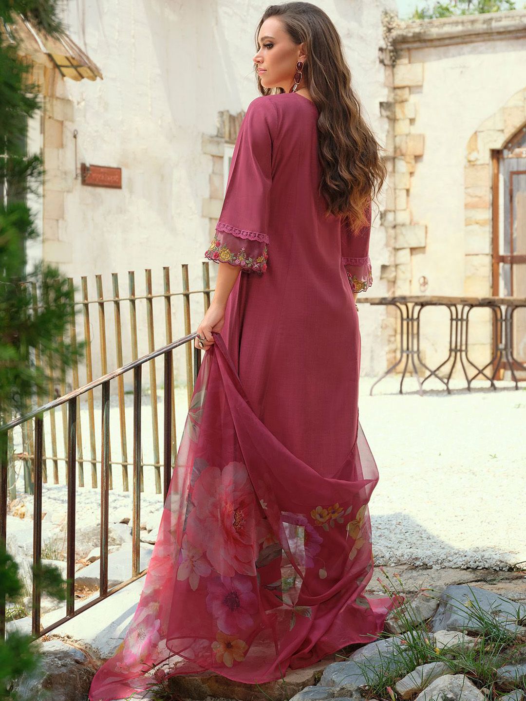 Floral Embroidered Thread Work Tieup Neck A-Line Kurta With Trousers & Dupatta