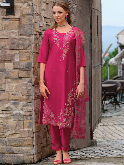 Women Floral Embroidered Kurta with Trousers & Dupatta