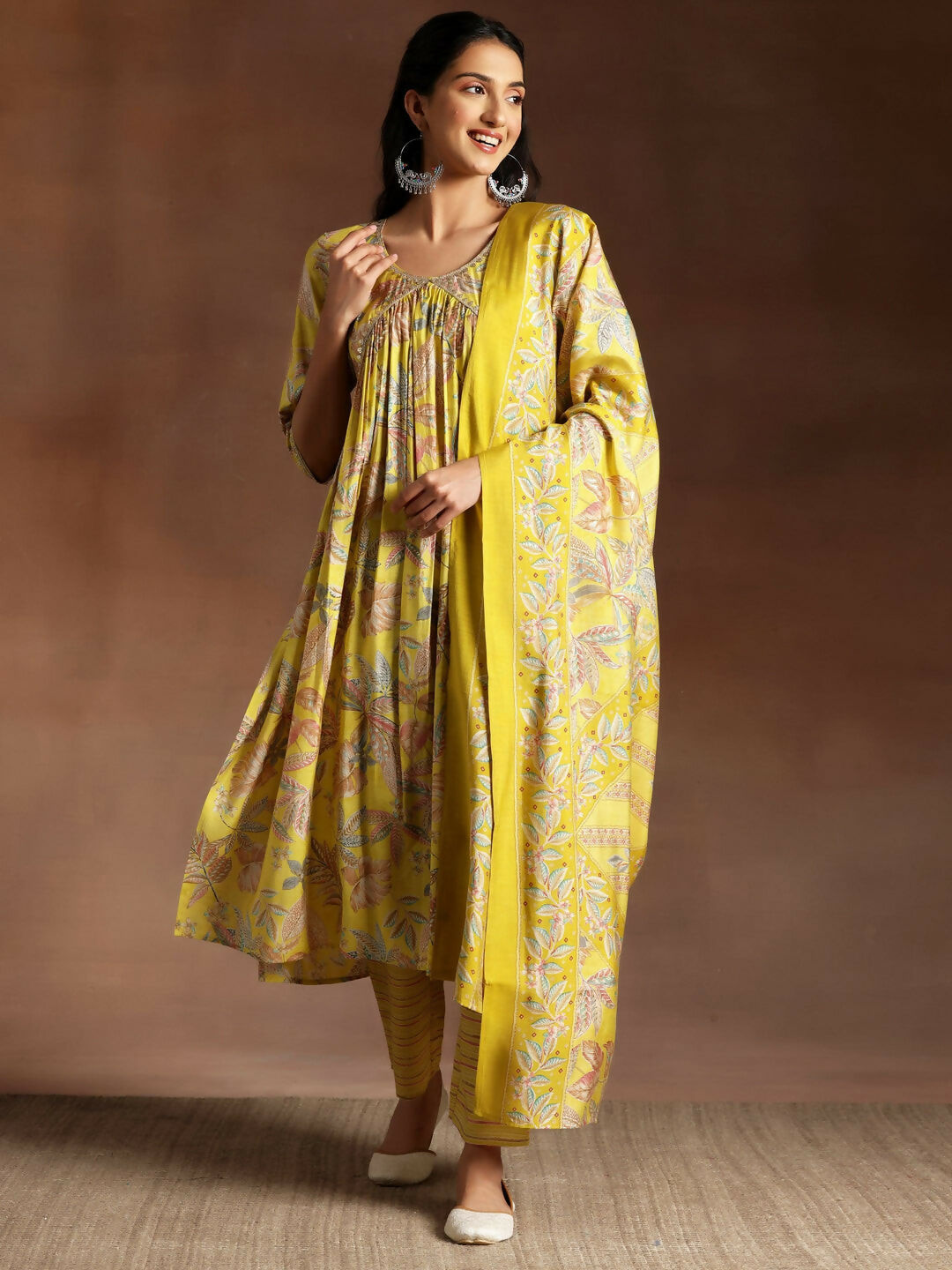 Women's LB Aashna Mustard Printed Silk Blend A-Line Kurta With Palazzos & Dupatta