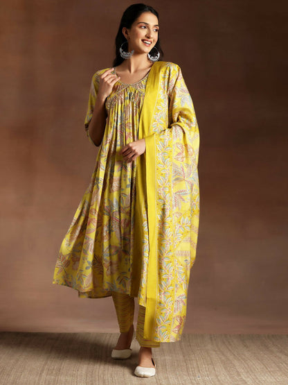 Women's LB Aashna Mustard Printed Silk Blend A-Line Kurta With Palazzos & Dupatta