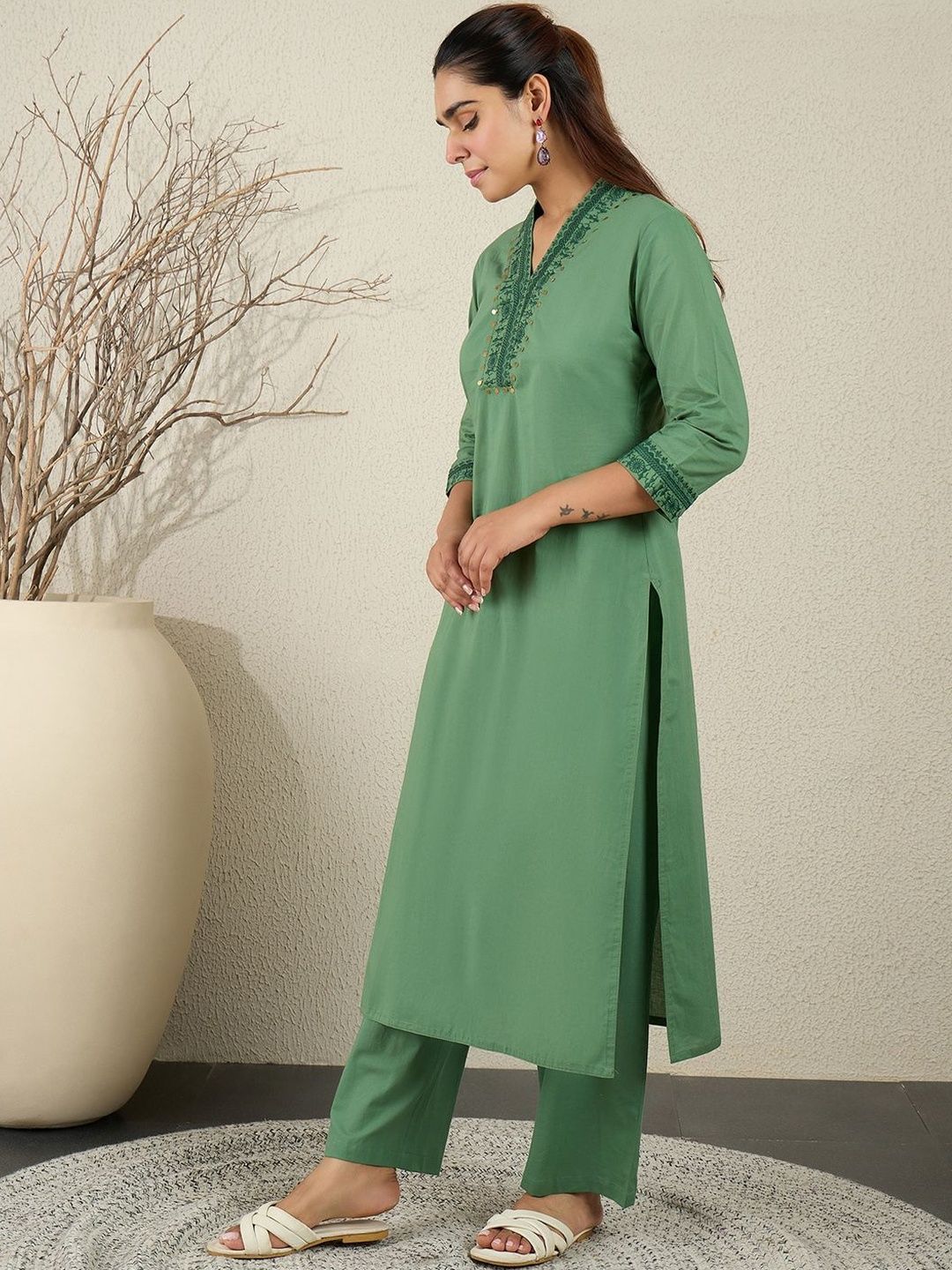Women Ethnic Motifs Embroidered Sequinned Pure Cotton Kurta with Trousers