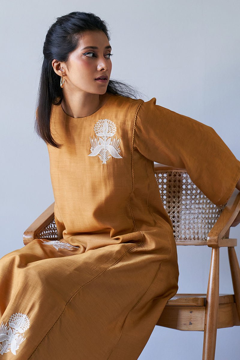 Women's Inca Gold Bemberg Silk Co-ord Set With Applique Work