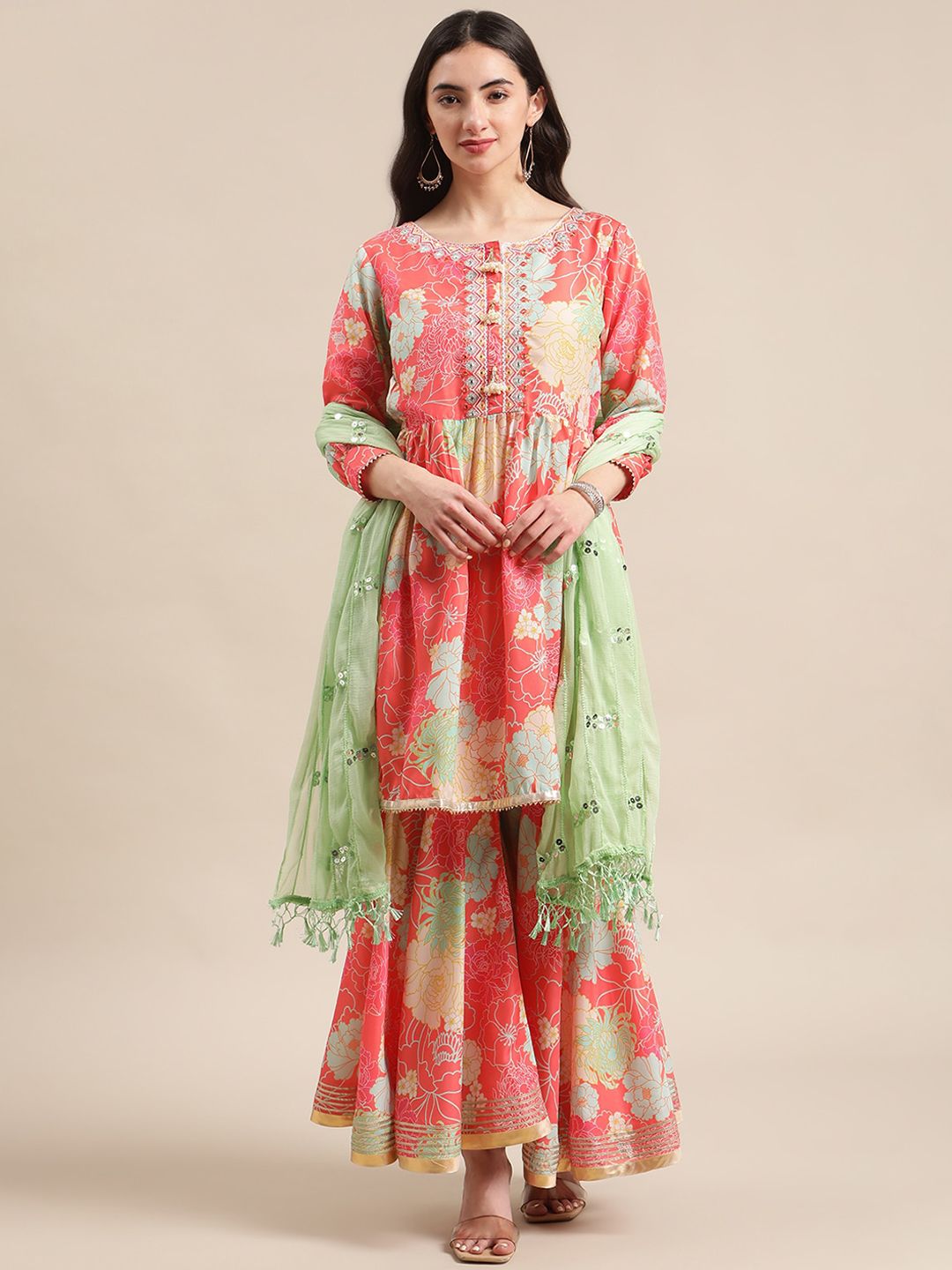 Dhiyona VA Women's Coral Floral Printed Empire Kurta with Sharara & With Dupatta