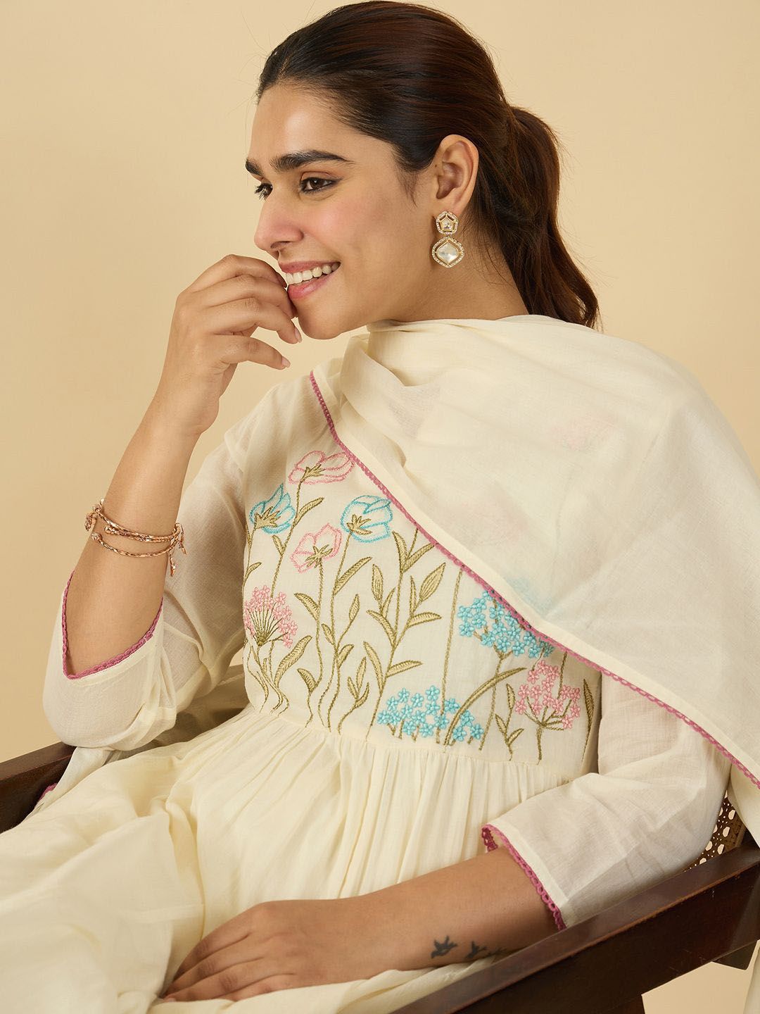 Women Floral Embroidered Cotton Kurta with Trousers & Dupatta