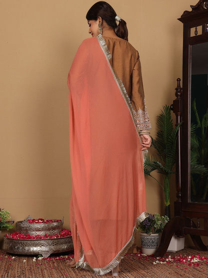Dhiyona VA Women'sEthnic Motifs Embroidered Zari A-Line Kurta With Trousers & Dupatta