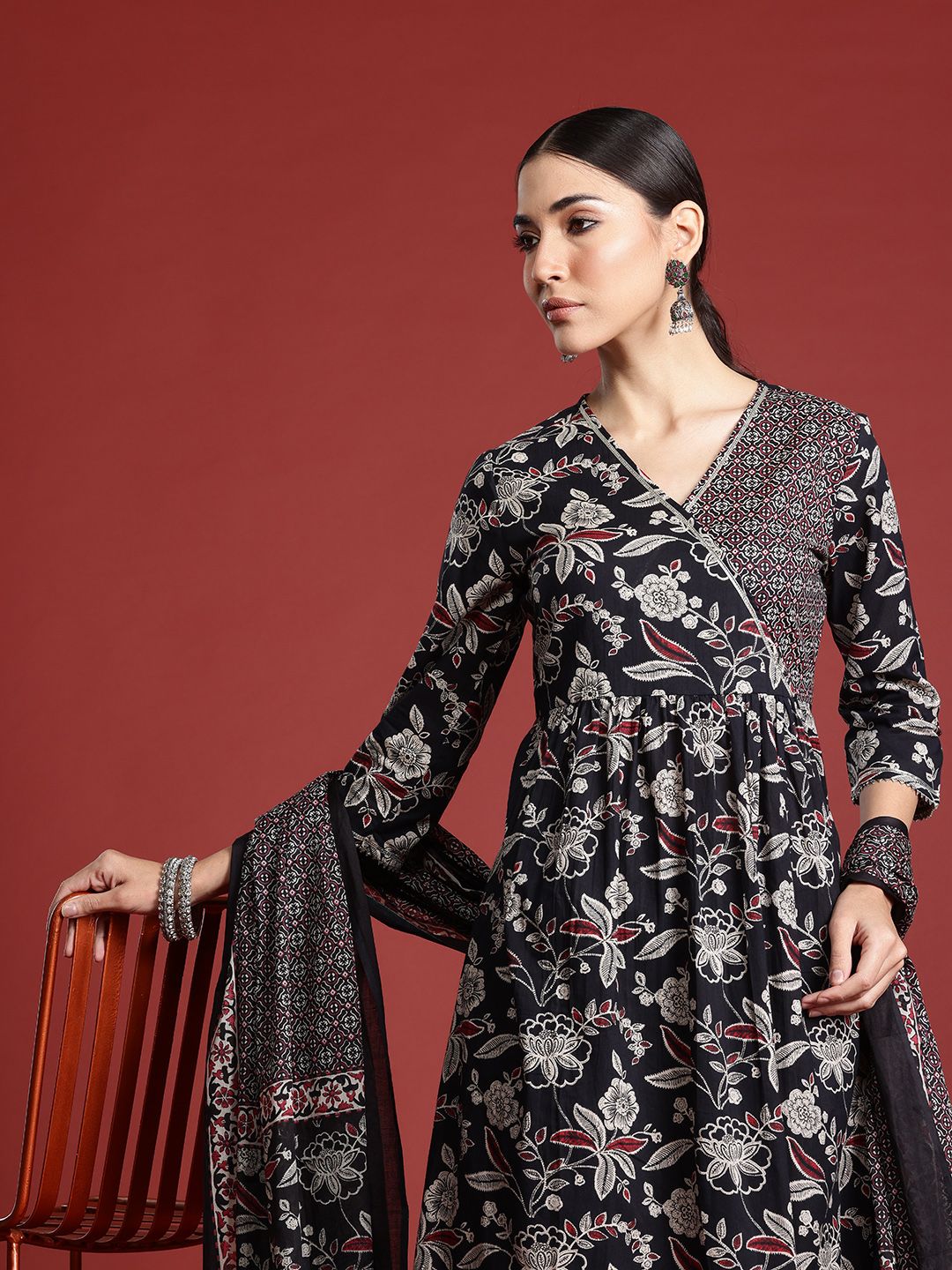 Dhiyona IE Floral Printed Angrakha Gotta Patti Pure Cotton Kurta Set & Dupatta