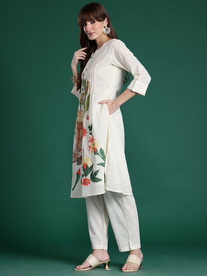 Dhiyona IE Floral Printed Regular Pure Cotton Kurta with Trousers