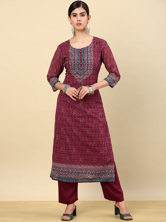 Dhiyona SO Women's Ethnic Motifs Embroidered Thread Work Straight Kurta with Trousers
