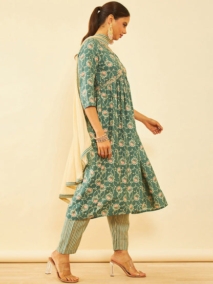 Dhiyona SO Women's Teal Floral Printed Sequinned Anarkali Kurta with Trousers & Dupatta