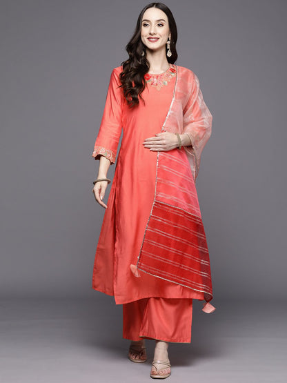 Dhiyona IE Women Pink Floral Embroidered Sequinned Liva Kurta With Palazzos & Dupatta