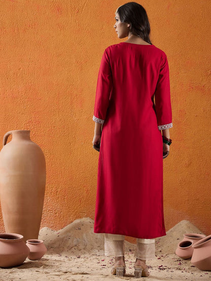 Dhiyona IE Floral Embroidered Thread Work Straight Kurta