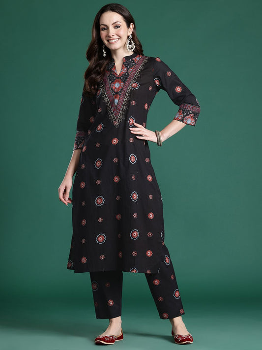 Ethnic Motifs Printed Beads & Stones Pure Cotton Kurta with Trousers